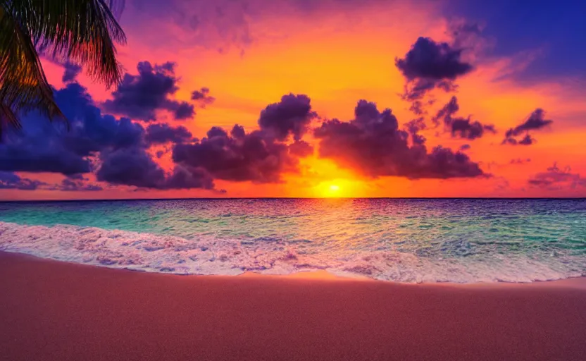 a tropical beach with a beautiful sunset | Stable Diffusion