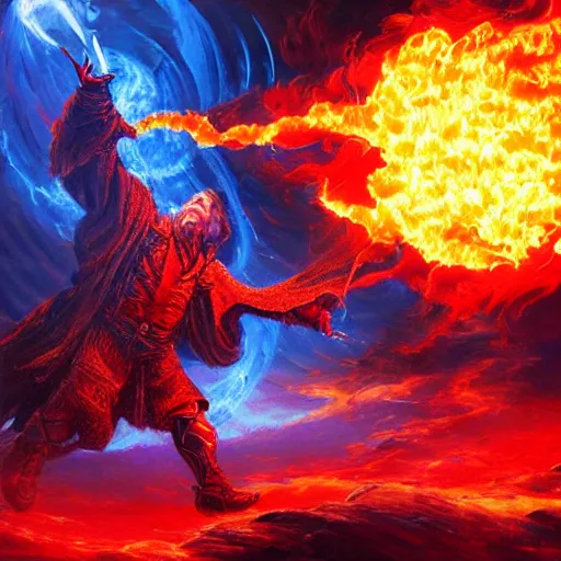 Image similar to Highly detailed oil painting, concept art, of a wizard casting a fireball spell, fighting against a huge ice giant, red and blue color scheme, concept art, highly detailed.