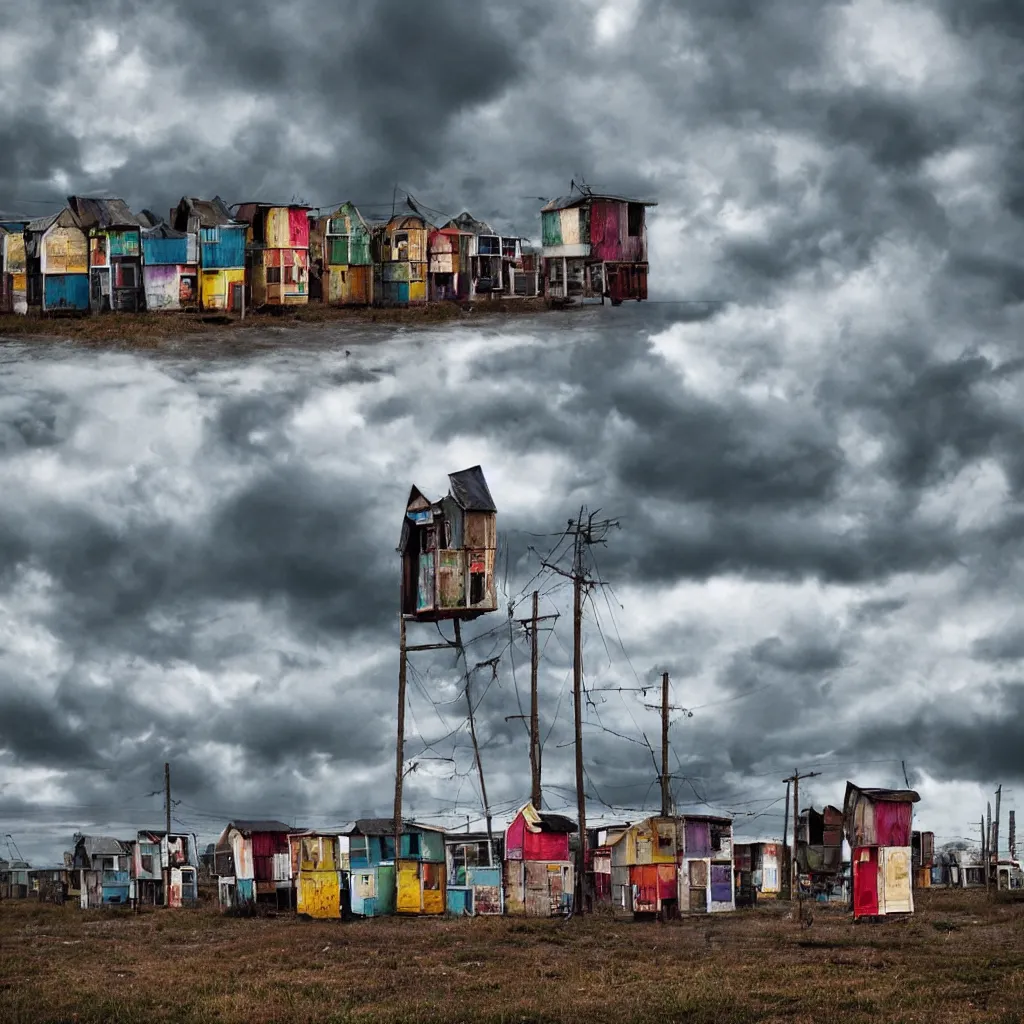 Prompt: close - up towers made up of colourful makeshift squatter shacks, bleached colours, dramatic cloudy sky, dystopia, mamiya, very detailed, ultra sharp, photographed by john chiara