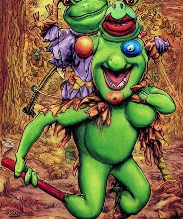 Image similar to clown frog king pulls the sword from the stone, clown frog king wearing clown makeup and rainbow wig, clown crown artwork by Glenn Fabry