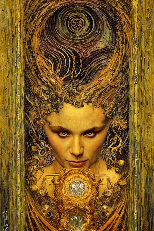 Image similar to The Helliquary by Karol Bak, Jean Deville, Gustav Klimt, and Vincent Van Gogh, lockbox, otherworldly, locks, vault, chains, fractal structures, arcane, inferno, inscribed runes, reliquary, infernal relics, ornate gilded medieval icon, third eye, spirals