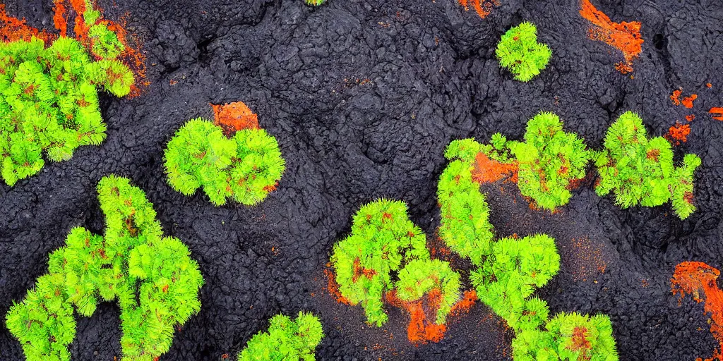 Image similar to old black volcanic lava meets the new bright orange lava on the edge, bright green fern leaves growing through the lava, aerial photo