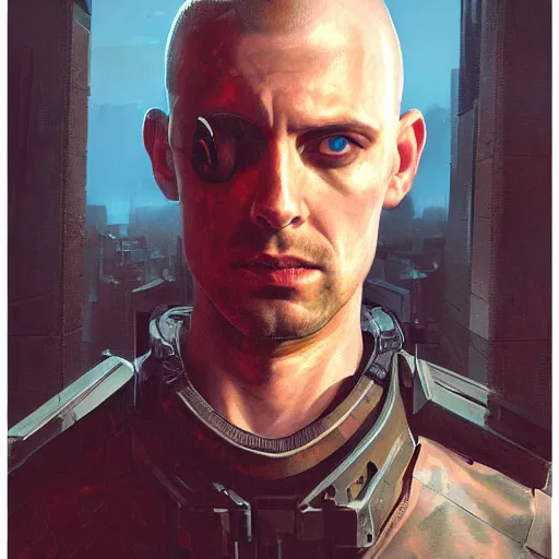 Image similar to cyberpunk, armitage, closeup portrait of an ex soldier, battlescar, artificial eye, brown buzzcut, wired head, dramatic light, city background, sunset, dystopian setting, high contrast, sharp, neuromancer, painted by stanley lau, painted by greg rutkowski, painted by stanley artgerm, digital art, trending on artstation