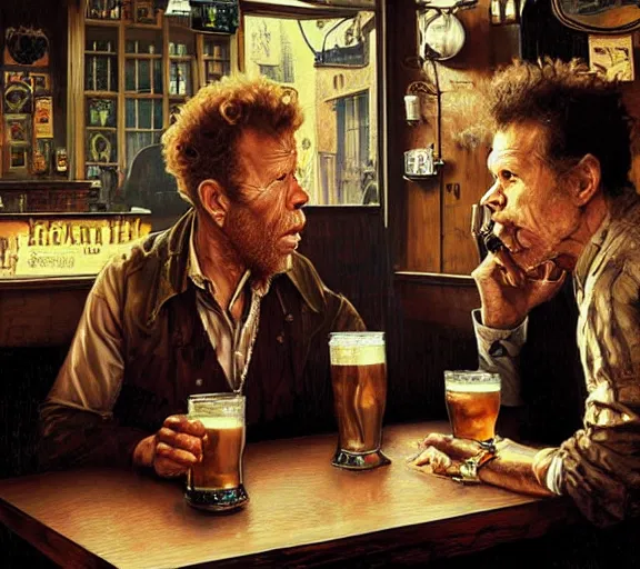 Image similar to Tom Waits and Iggy in a pub, highly detailed, digital painting, artstation, concept art, smooth, sharp focus, illustration, art by james gurney and norman rockwell and greg rutkowski chuck close