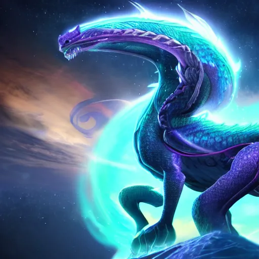 Prompt: aurelion sol dragon in the cosmos staring at the viewer, ultra realistic 4 k render with ray tracing