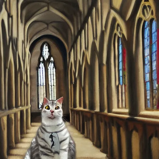 Image similar to oil painting extreme wide shot of a white and grey tabby cat wearing a hufflepuff scarf, in the Gloucester Cathedral cloisters, realistic, in the style of Harry Potter