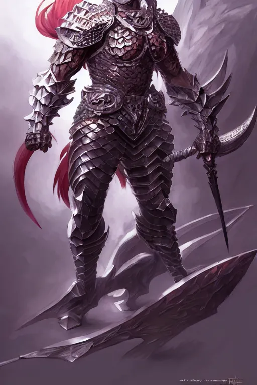 Image similar to Full body character concept art of an anime draconian warrior knight, iridescent scales, cool face, muscular, by Stanley Artgerm Lau, WLOP, Rossdraws, James Jean, Andrei Riabovitchev, Marc Simonetti, and Sakimichan, tranding on artstation