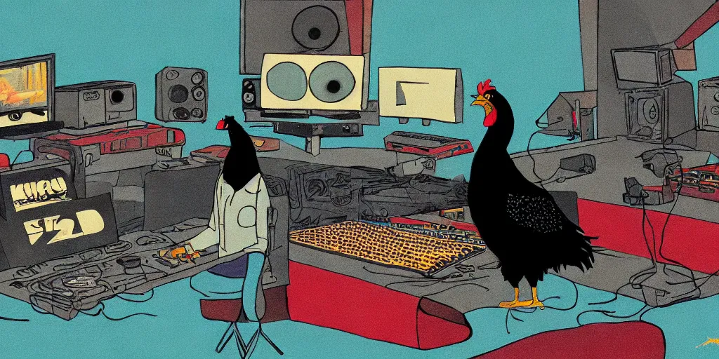 Image similar to 'black chicken'!!! smoking 'cannabis'!!!!!! in front of 'audio console'!!!! and 'multi monitors'!!!! 'in a hi-tech tv broadcasting studio'!!!!, artwork by James Gilleard