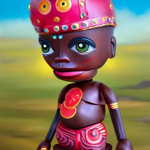 Prompt: wide - angle profile face portrait of a tin toy shaka zulu with glowing red eyes near the pink lakes, nicoletta ceccoli, mark ryden, lostfish, max fleischer, hyper realistic, artstation, illustration, digital paint, matte paint, vivid colors, bright, cheerful, detailed and intricate environment