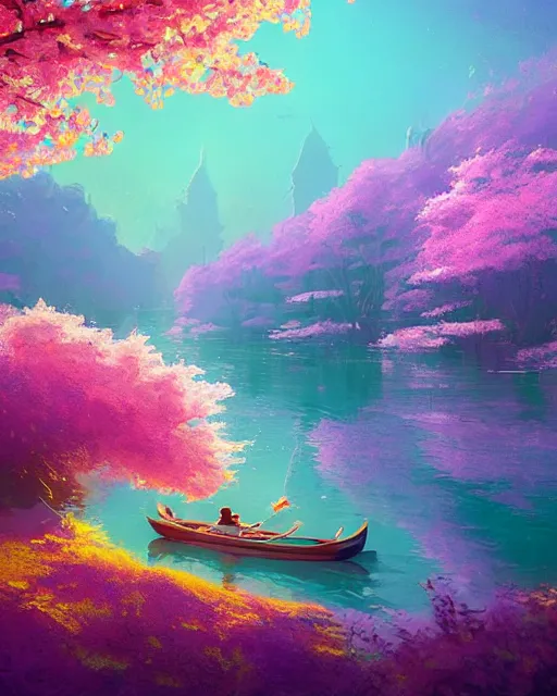 Image similar to a couple in a rowboat traveling down the river | cherry - blossoms | highly detailed | very intricate | serene romantic fantasy whimsical magical | soft bright natural morning light | pixar | award - winning | matte painting by anton fadeev and paul lehr and rhads and alena aenami | pastel color palette | featured on artstation