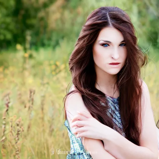 Image similar to professional outdoor portrait of a very beautiful young woman with gorgeous eyes, high cheek bones, flowing hair, watercolor