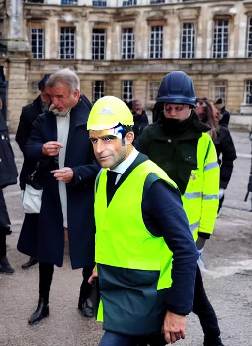 Image similar to macron wearing hivis coat, hard hat and rubber gloves