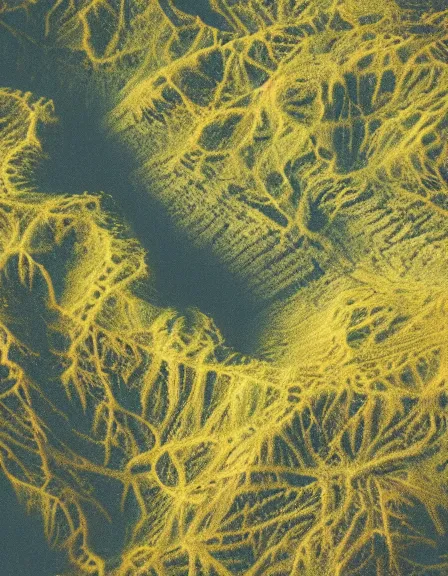 Image similar to vintage color photo of aerial view of a giant 1 1 0 million years old abstract structure made of light beams and liquid gold covered by the jungle vines