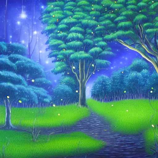 Image similar to landscape of beautiful magical indigo trees with fireflies, detailed luminescent magical realism painting 4 k