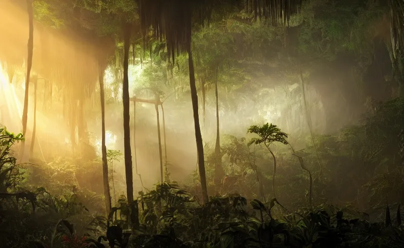 Prompt: a beautiful render of a dark prehistoric rainforest in a humongous cave, lush flora, patches of yellowish - red - magenta sky, sunset lighting, military industrial complex, intricate detail, hazy, humid, volumetric lighting, god rays, 8 k, photorealistic, raytracing effects, unreal engine 5
