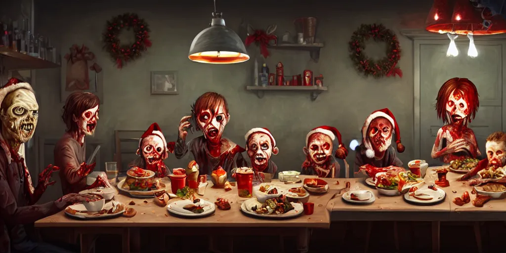 Prompt: a zombie family christmas diner, wide angle, super highly detailed, professional digital painting, artstation, concept art, smooth, sharp focus, no blur, no dof, extreme illustration, unreal engine 5, photorealism, hd quality, 8 k resolution, cinema 4 d, 3 d, beautiful, cinematic, art by wlop