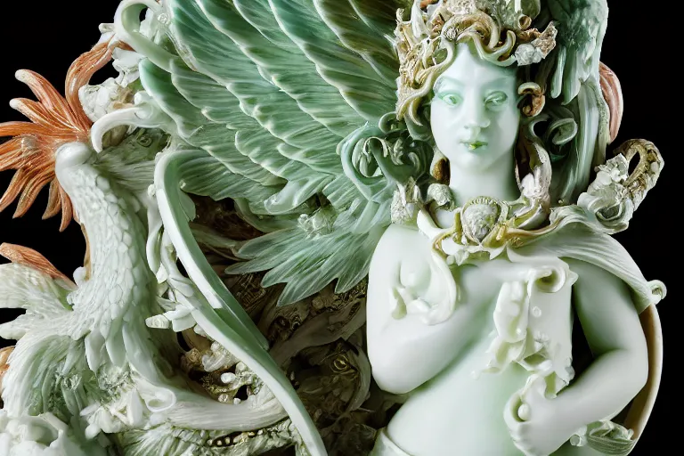 Image similar to a closeup photo, rococo alabaster and jade real delicate ceramic porcelain sculpture of an ornate detailed phoenix goddess in front of an intricate background by rafael, micro detail, backlit lighting, subsurface scattering, translucent, thin porcelain, emerald, jade, octane renderer, colorful, physically based rendering, trending on cgsociety