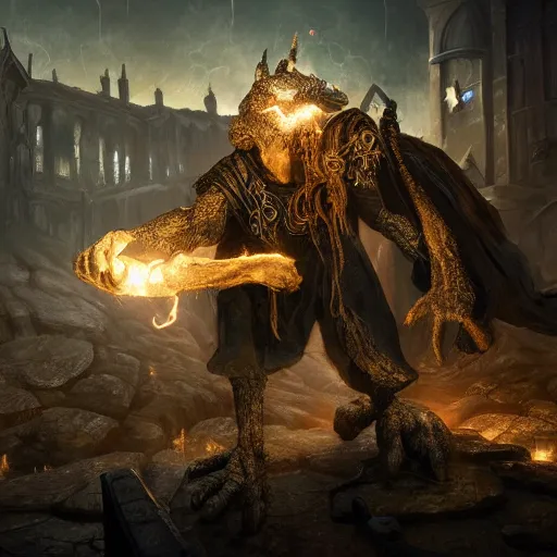 Image similar to a powerful sorcerer bringing lighting down upon a fantastical dark town, fantasy, highly detailed, painting, 4k, dramatic lighting