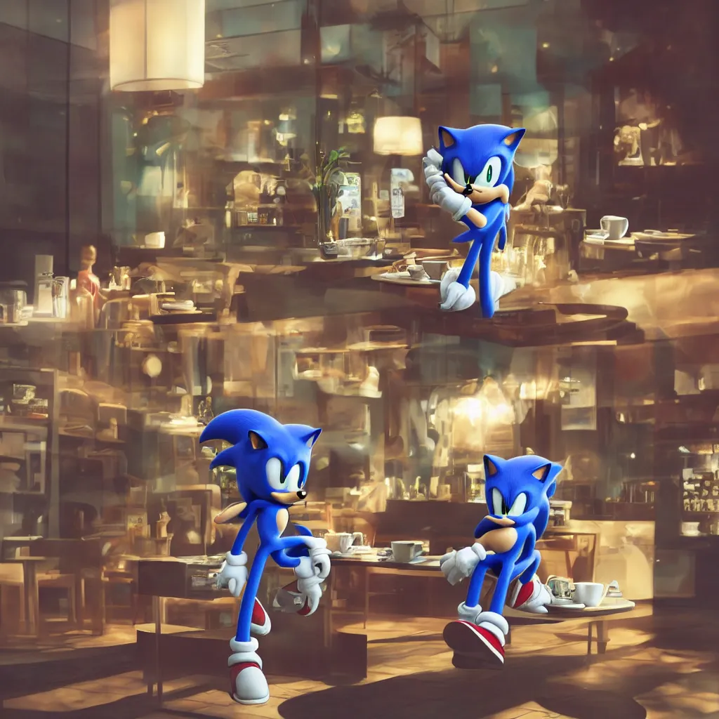 Image similar to Sonic having a cup of tea at starbucks. Beautiful composition, 3d render trending on artstation, medium shot, indoor smooth light