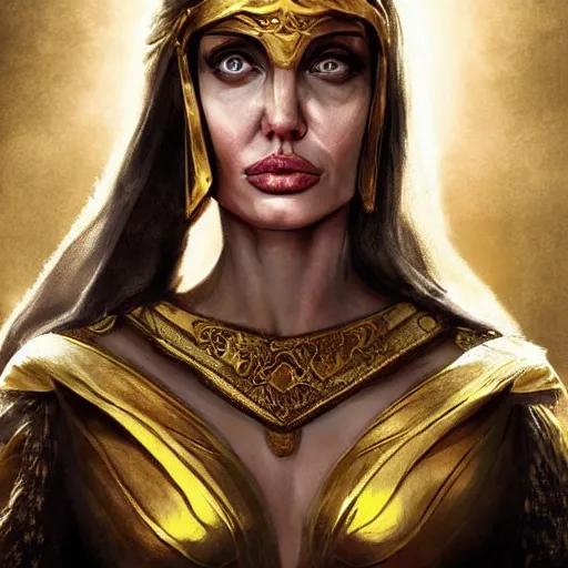Image similar to Angelina Jolie as ancient greek woman in golden helmet, giant grey-haired bearded Liam Neeson face in the sky, epic fantasy style art, fantasy epic digital art
