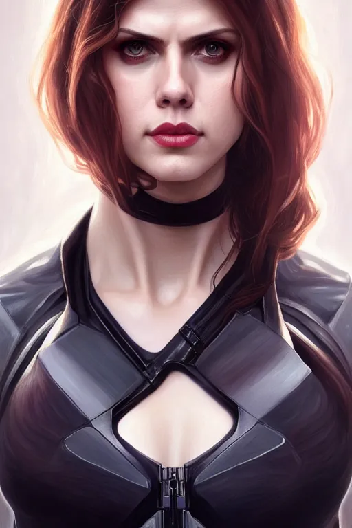 Image similar to alexandra daddario as black widow, realistic portrait, symmetrical, highly detailed, digital painting, artstation, concept art, smooth, sharp focus, illustration, cinematic lighting, art by artgerm and greg rutkowski and alphonse mucha