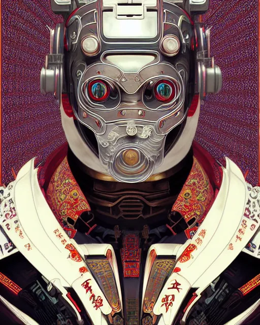 Image similar to portrait of a masculine male cyberpunk machine, machine face, upper half portrait, decorated with chinese opera motifs, asian, fine china, wuxia, traditional chinese art, intricate, elegant, highly detailed, symmetry, headpiece, digital painting, artstation concept art smooth sharp focus, illustration, art by artgerm and greg rutkowski alphonse mucha 8 k