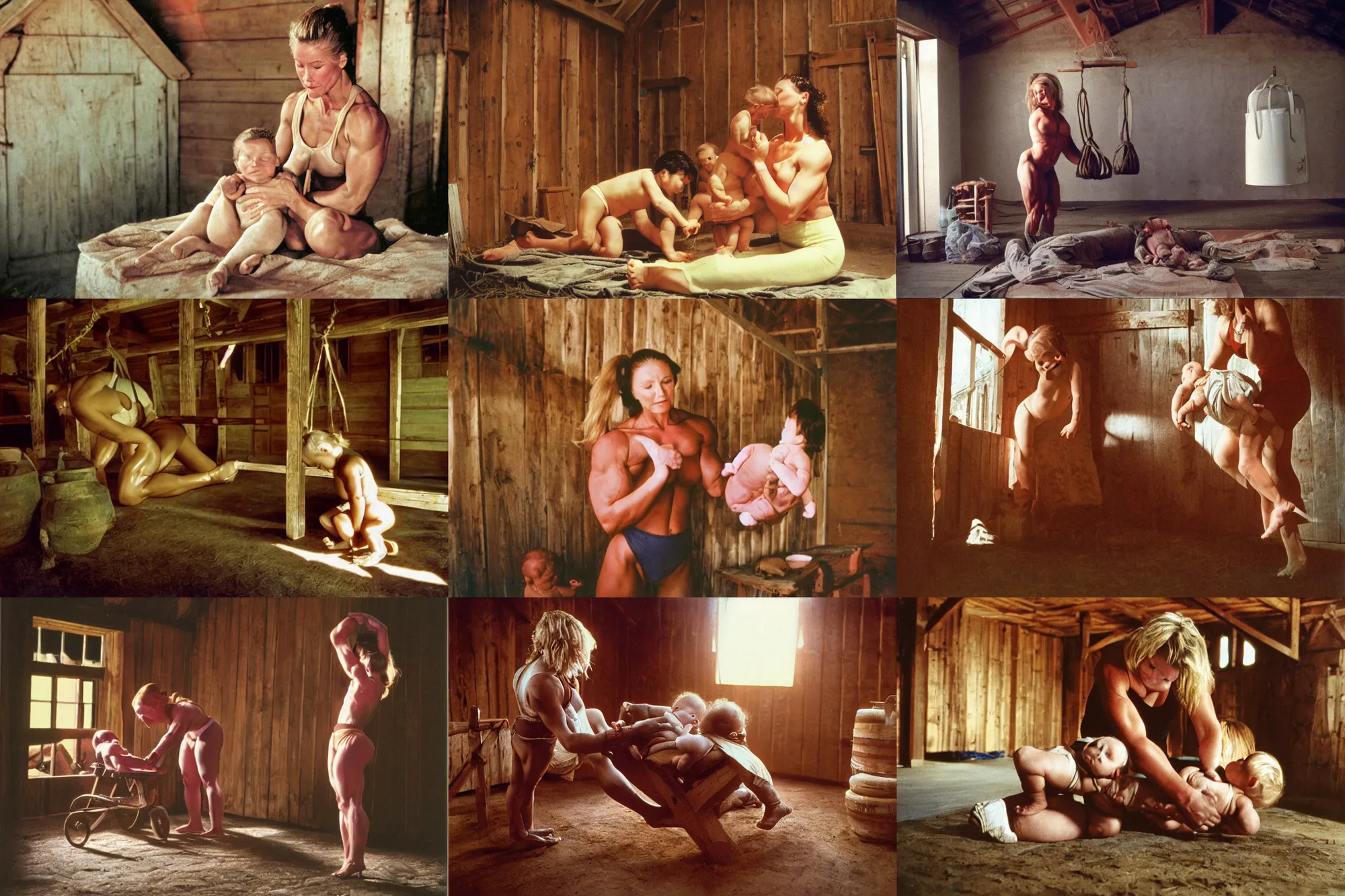 Prompt: color photograph portrait of a muscular woman tending a huge baby in a barn. night, summer, warm lighting, 1 9 9 0 photographs from life magazine.