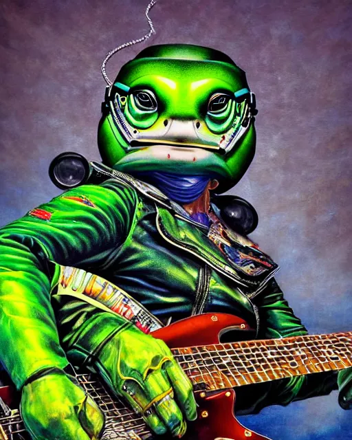 Image similar to a portrait of an anthropomorphic cyberpunk green turtle shredding an electric guitar by sandra chevrier, by jon foster, detailed render, tape deck, epic composition, cybernetics, 4 k realistic, cryengine, realistic shaded lighting, sharp focus, masterpiece, by enki bilal