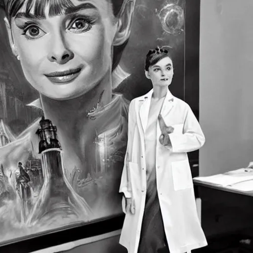 Image similar to a highly detailed epic cinematic concept art CG render digital painting artwork costume design: Audrey Hepburn as a 1950s scientist lunatic in a lab coat, with wild unkempt hair. By Mandy Jurgens, Simon Cowell, Barret Frymire, Dan Volbert, David Villegas, Irina French, Heraldo Ortega, Rachel Walpole, Jeszika Le Vye, trending on ArtStation, excellent composition, cinematic atmosphere, dynamic dramatic cinematic lighting, aesthetic, very inspirational, arthouse