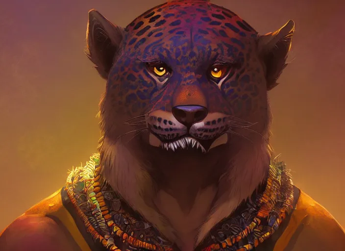 Image similar to character portrait feature of the anthro male anthropomorphic jaguar fursona animal person wearing shaman tribal outfit robes belt standing in the amazon rainforest, well framed character design stylized by charlie bowater, ross tran, artgerm, makoto shinkai, detailed, soft lighting, rendered in octane