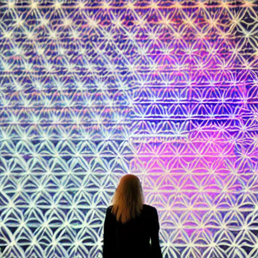 Prompt: a woman stands in front of a projector that projects a pattern onto her and the wall behind her