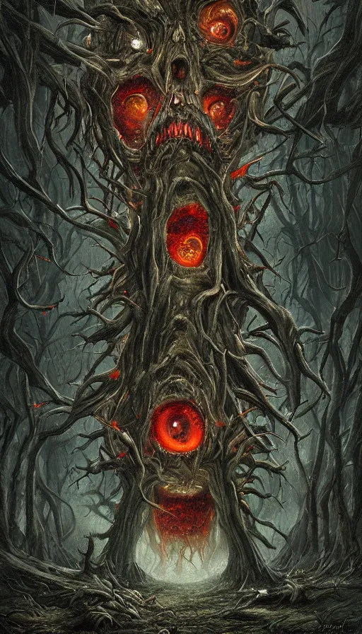 Image similar to a storm vortex made of many demonic eyes and teeth over a forest, by sam spratt