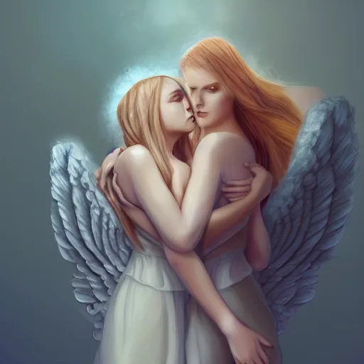 Prompt: an illustration of a deceased young woman with angel wings and a halo hugging her friend, a woman with long blond hair, digital art, artstation