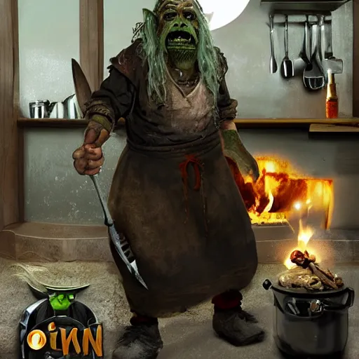 Image similar to british magical hobo breaks into some ork's kitchen and attacks them, orc kitchen, 4 k, detailed, real life photo