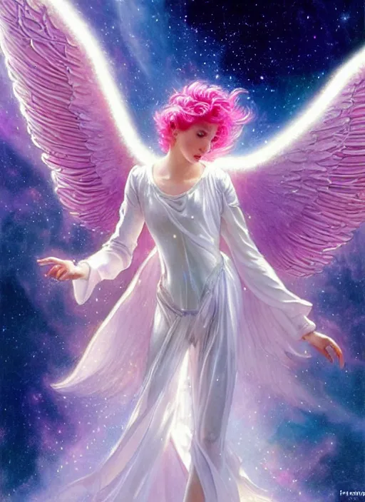 Image similar to closeup harmony of pink haired angel beautiful yoongi wearing white sparkly shiny greek clothes, muted colors, nebula background, neon sparkles everywhere, big wings, dynamic hair movement, + + + + + + dynamic pose, holographic space, glowing effect, j. c leyendecker, by alan lee, wlop! illustrated by starember, fantasy art by craig mullins