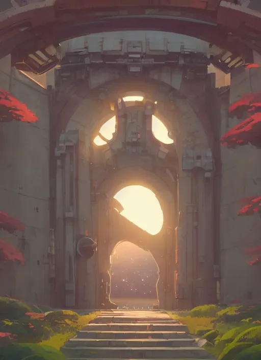 Image similar to warm canyon with giant gate entrance, nuclear powered, detailed, futuristic, cory loftis, james gilleard, atey ghailan, makoto shinkai, goro fujita, studio ghibli, rim light, exquisite lighting, clear focus, very coherent, plain background