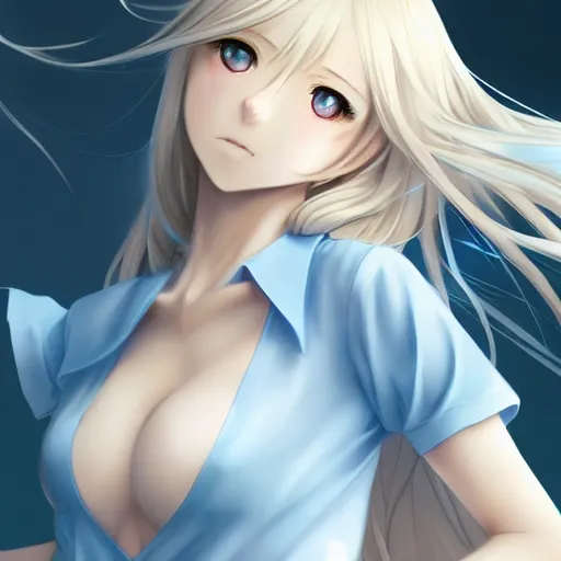 Prompt: a very beautiful anime grown girl, full body, long wavy blond hair, sky blue eyes, full round face, short smile, fancy top, miniskirt, front view, medium shot, mid-shot, highly detailed, cinematic wallpaper by Stanley Artgerm Lau