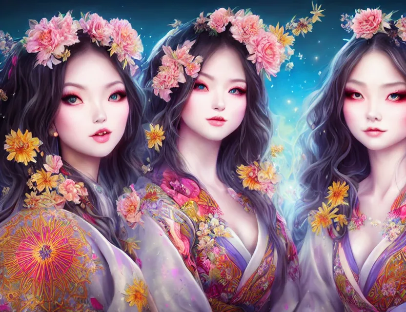 Image similar to two beautiful alluring siberian girls wear fantasy kimono in festival | | sunny night, full moon, dreamlike art, realistic shaded, smile, good looking, hyper details, 4 k realistic, cryengine, realistic shaded lighting poster by artgerm, ross tran, fuji choko, 8 k resolution, trending on artstation, luxury