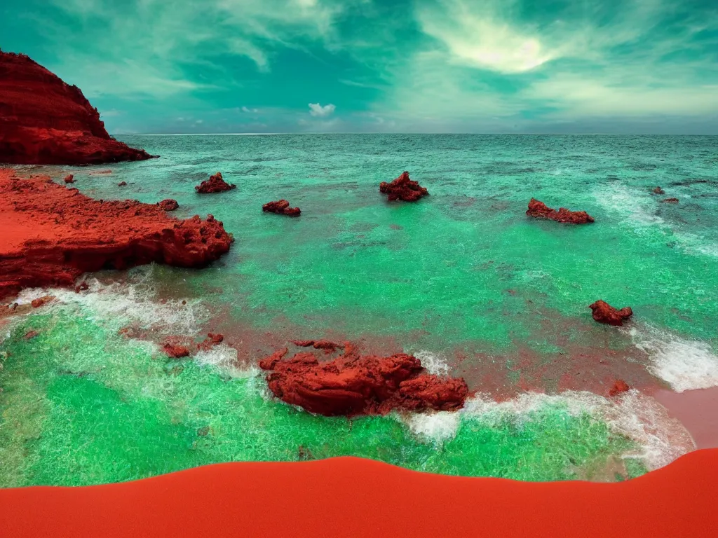 Image similar to mcdonalds, red sand beach, green ocean, nebula sunset