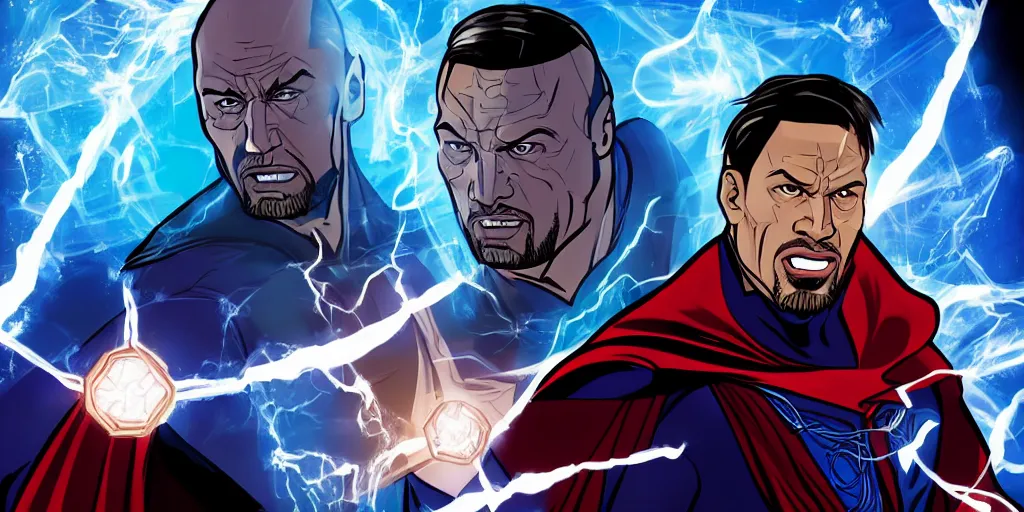 Prompt: a cartoon of the rock as doctor strange with the W on his suite in the style of waya Steurbaut entertainment cartoon 8K cartoon, cinematic, detailed 8K, inspiring, full body camera shot