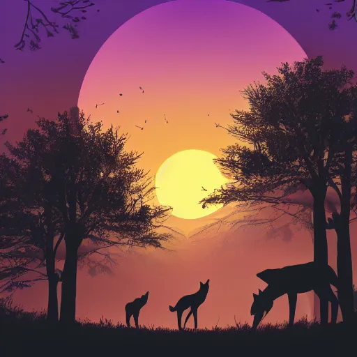 Image similar to silhouette art of a forest with wolves, stunning, sunset, intricate, 4 k wallpaper, trending on artstation gradient black to purple