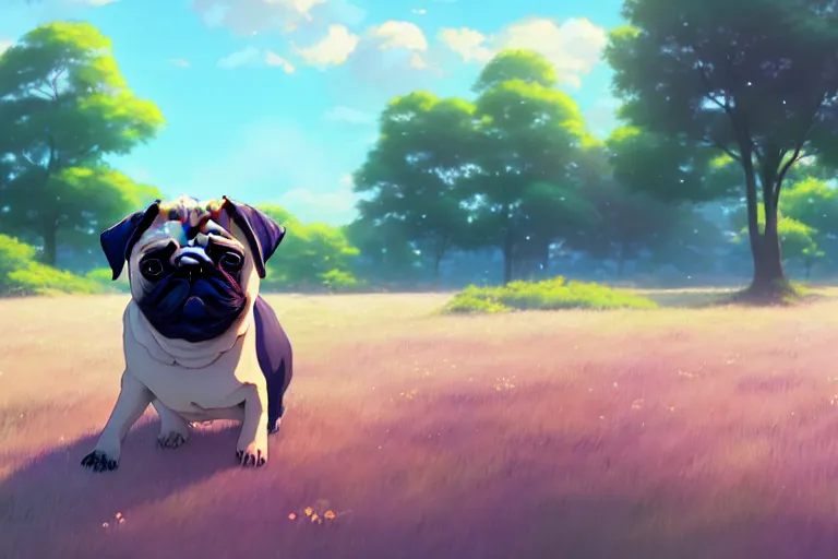 Image similar to a happy pug, single subject, peaceful flower meadow with some trees in the background, scenic full shot, ambient lighting, detailed face, by makoto shinkai, stanley artgerm lau, wlop, rossdraws