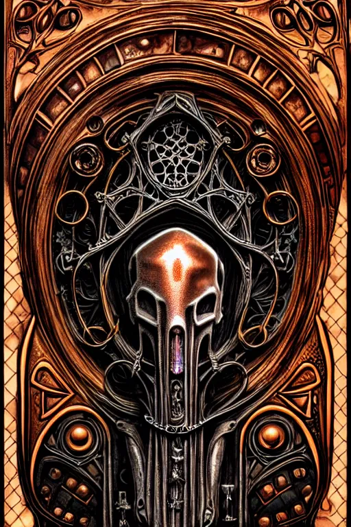 Prompt: steam necropolis, memento mori, gothic, neo - gothic, art nouveau, hyperdetailed copper patina medieval icon, philippe druillet, ralph mcquarrie, concept art, steampunk