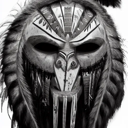 Prompt: painting portrait of a native american wearing a predator face mask, artstation, ultra detailed