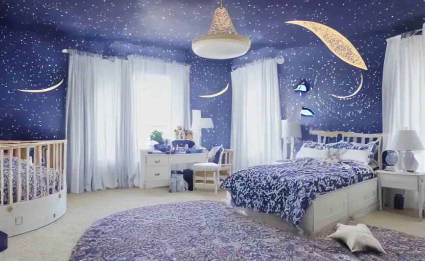 Image similar to a bedroom made of dreams and crescent moons and stars