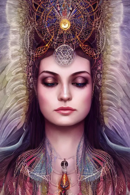 Image similar to a centered render of a single alluring mystical tribal goddess adorned with feathers and gemstones and cables and synthesizer parts is surrounded by sacred geometry made from elven architecture, full body, gorgeous, perfect face, powerful, cinematic, beautifully lit, by artgerm, by karol bak, 3 d, trending on artstation, octane render, 8 k