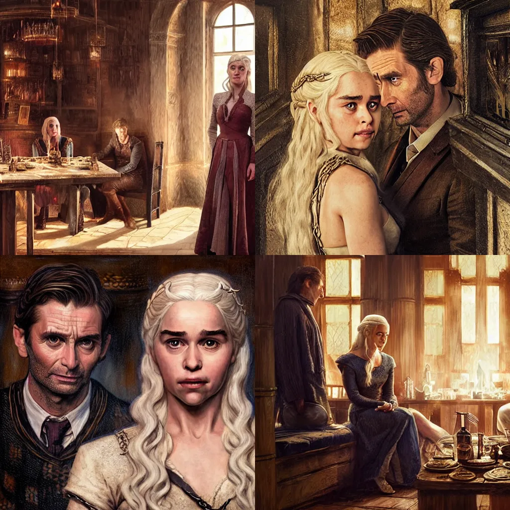 Prompt: daenerys targaryen with david tennant doctor who in tavern, highly detailed, sharp focus, digital art, defined facial features, symmetrical facial features, art by gaston bussiere and greg rutkowski