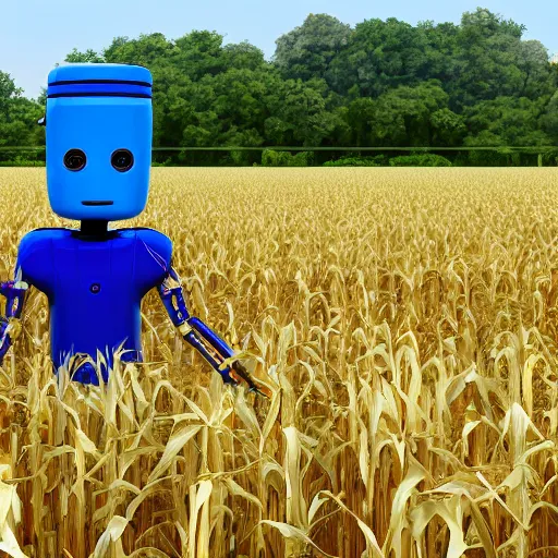 Image similar to a photo of farming robot wearing a straw hat blue overalls in the corn field, robots, humanoid, chappie, farming, photorealistic, 8 k