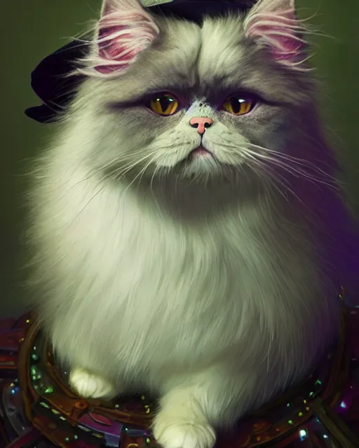 Image similar to highly detailed surreal vfx portrait of a cute, happy persian cat with green eyes, dressed up as a witch, stephen bliss, unreal engine, greg rutkowski, loish, rhads, beeple, makoto shinkai and lois van baarle, ilya kuvshinov, rossdraws, tom bagshaw, alphonse mucha, global illumination, detailed and intricate environment