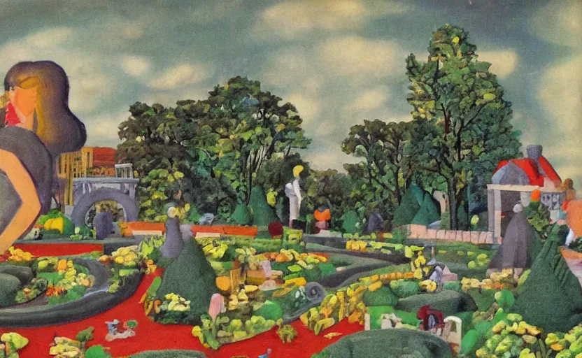 Prompt: a landscape painting, claymation, henri berthaut, art - deco, miner kilbourne kellogg, gardens, collage